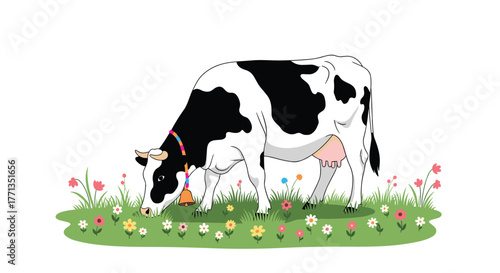 A cute black and white dairy cow with a bell collar peacefully grazes in a vibrant green pasture filled with colorful wildflowers, illustrating a serene rural scene.