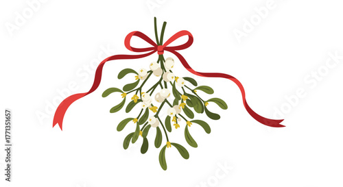 Charming vector illustration of mistletoe sprigs adorned with white berries and a bright red ribbon bow, evoking traditional holiday cheer.