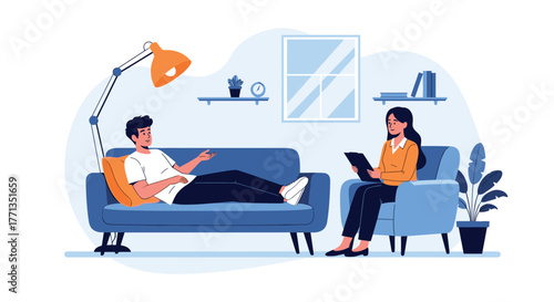 A man lies on a couch, sharing his thoughts and feelings with a female therapist who actively listens and takes notes during a psychotherapy session.