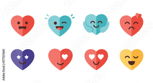Set of colorful heart emojis displaying a range of human emotions and facial expressions on a white background.