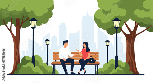 Friendly conversation between a man and a woman on a wooden park bench, surrounded by nature with a modern city backdrop.
