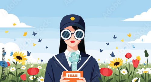 A young woman wearing a cap and sunglasses holds a portable fan in a vibrant summer meadow filled with butterflies and colorful flowers.