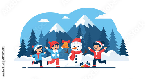 Happy children enjoy winter playtime, building and decorating a snowman amidst snowy mountains and pine trees, celebrating the festive season.