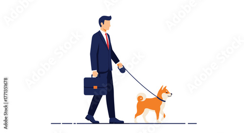 A professional businessman in a suit and tie walks his Shiba Inu dog on a leash, carrying a briefcase.