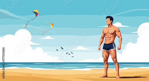 Muscular man in swim shorts stands confidently on a sunlit beach, admiring kites flying high against a vibrant blue sky and calm ocean.