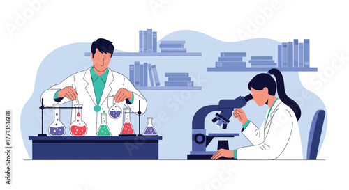 A male scientist performs chemical experiments with beakers and colorful liquids, while a female scientist examines samples under a microscope in a modern lab.