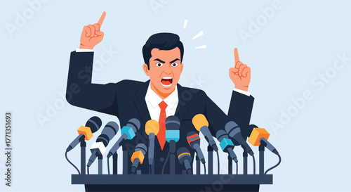 An angry man in a suit passionately delivers a speech at a press conference, with many microphones capturing his intense, gesturing message.