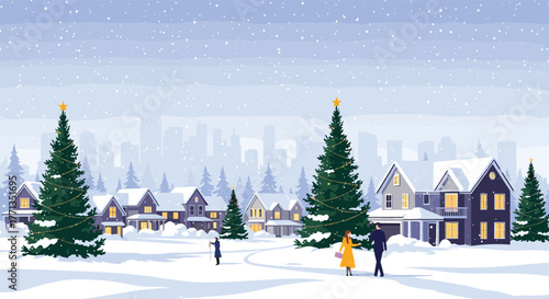 Serene winter wonderland scene with festive Christmas trees, charming homes, and people walking in the snow.