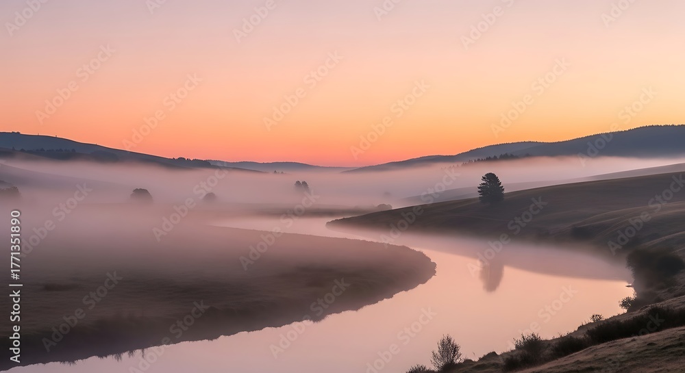 Naklejka premium Serene Morning Mist Over Winding River and Rolling Hills at Sunrise.