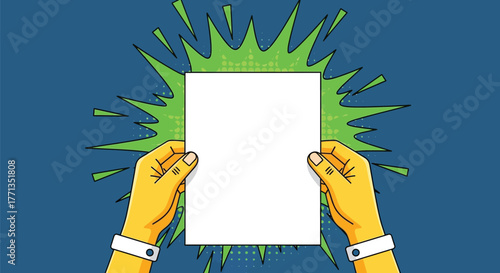 Hands holding a blank white sheet of paper with a green explosion behind it.