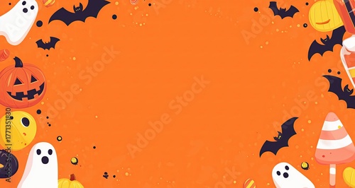 Fun and spooky Halloween design with cartoon bats, pumpkins, and ghosts set against an orange background, leaving space for text.