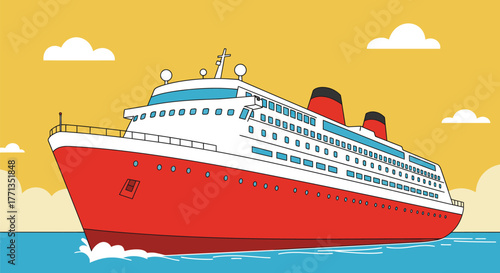 A vibrant illustration of a large red and white cruise ship sailing on the ocean under a sunny sky.