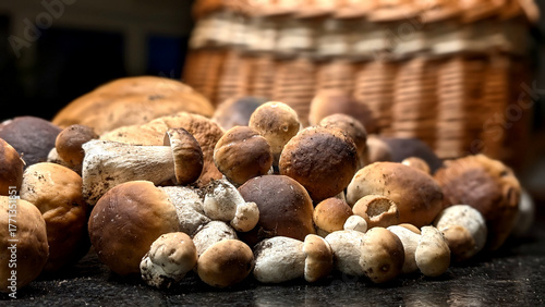 Basket with fresh wild porcini mushrooms, cep mushrooms on a dark stone table. Autumn season concept