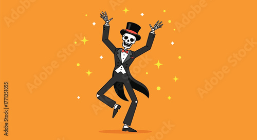 Cartoon skeleton in a tuxedo and top hat dancing against an orange background with sparkles.