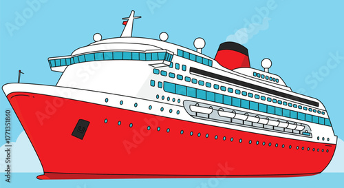 Red and White Luxury Cruise Ship Sailing Under Blue Sky