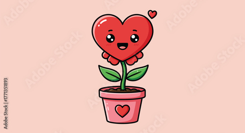 A cute cartoon heart-shaped flower with a smiling face growing in a pink pot against a light pink background.