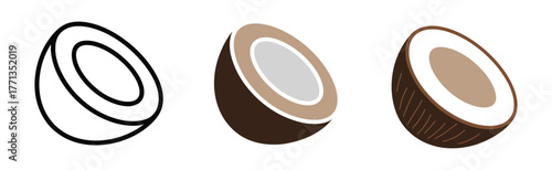 Set of brown Coconut, Farm fresh Coconut product emblem for grocery shop, collection of ice cream, Juice jar, glass of juice, ice cream cone and stick, simple flat vector illustration of fruits