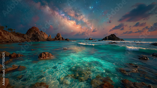 Ocean view clear water and milky way sky , fantasy landscape image.
