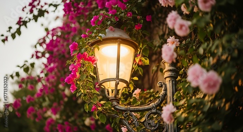 Illuminated vintage street lamp surrounded by vibrant pink and red flowers.