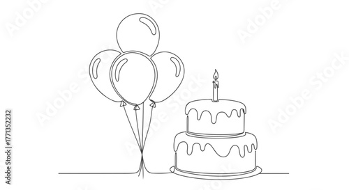 One continuous line drawing of a two-tier birthday cake with a candle and a bunch of balloons, minimalist celebration vector artwork