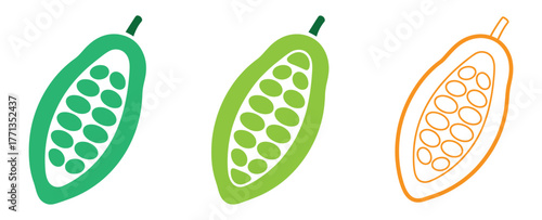 Cocoa bean icons: monochrome and colored variants in minimalist style