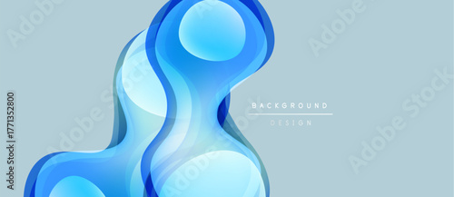 Abstract blue shapes overlap, creating fluid design. Light reflects off surfaces, forming soft gradients. Background is pale gray.