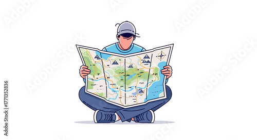 Man Wearing a Cap Squatting and Reading a Large Map.