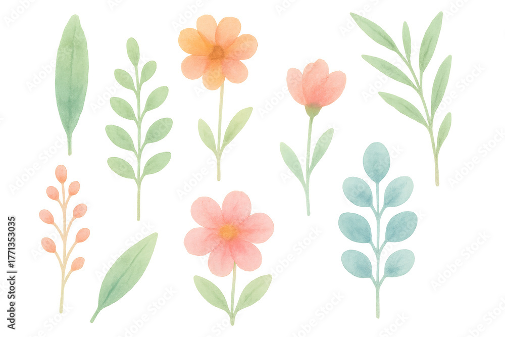 Fototapeta premium Watercolor hand drawn flowers and leaves collection with pastel colors for spring and summer design elements