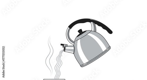 Metal Kettle Pouring Hot Water Steam.