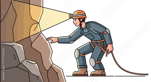 Miner exploring a cave with a headlamp.
