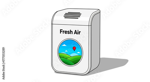 Modern Fresh Air Purifier with Landscape Illustration.