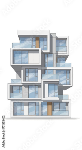 Modern Residential Building Facade with Geometric Design.