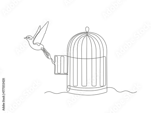 An abstract bird flies out of cage, birdcage, continuous single one line art hand drawing sketch, logo on white background