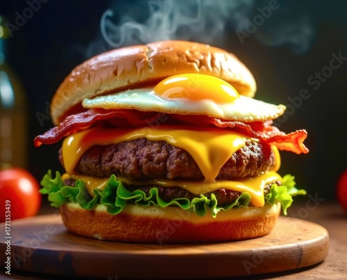 A large hamburger with bacon, cheese, and an egg on top