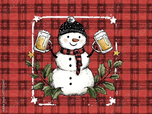 Whimsical vintage illustration of a snowman holding two mugs of hot cocoa on a plaid background with red and white colors, evoking a charming and cozy holiday atmosphere.
