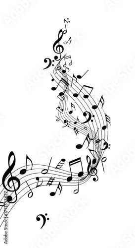 Musical Notes Flowing Abstractly on White Background.