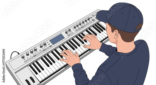 Musician Playing a Synthesizer Keyboard.