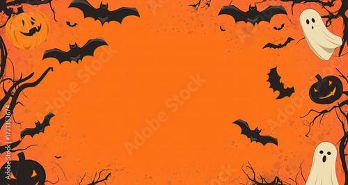 Orange Halloween background with cartoon bats, pumpkins, and ghosts in the corners, leaving space for Halloween greetings or text.