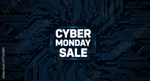Flat Vector Cyber Monday Background with Circuit Pattern and Sale Text Space