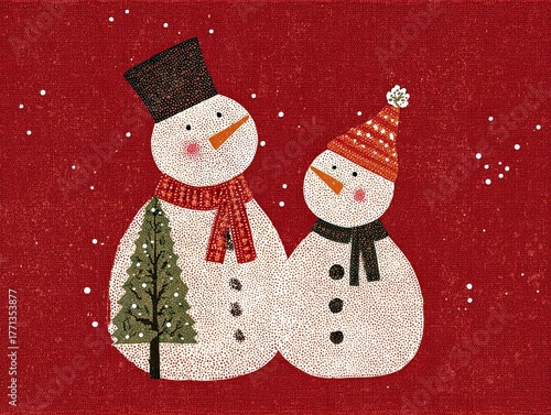 Craft-style Christmas card featuring a snowman wearing a hat and scarf next to a Christmas tree on a red background. Perfect for holiday greetings and seasonal decorations.