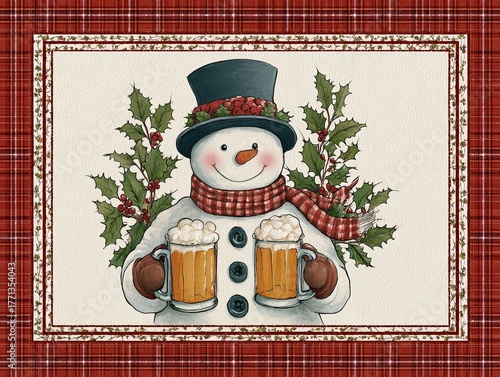 Retro Christmas card with a snowman holding two mugs of beer, a red scarf, top hat, and holly leaves, bordered by dark burgundy gingham pattern.