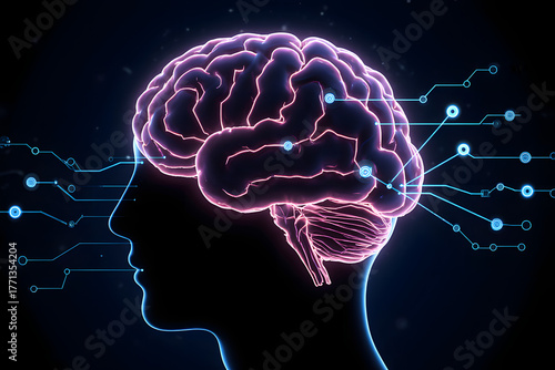 Futuristic digital brain with glowing neural connections and circuits representing artificial intelligence and innovation.