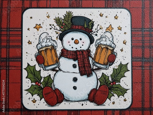 Vintage Christmas card featuring a snowman with two mugs of beer, a top hat, red scarf, and holly leaves, set against a white background with a burgundy gingham border.