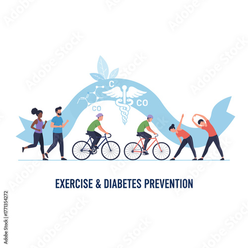 Flat vector illustration of diverse people jogging, cycling, and stretching with blue ribbon for diabetes prevention