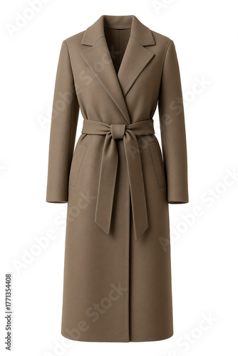 Women long belted wool winter coat isolated on transparent background