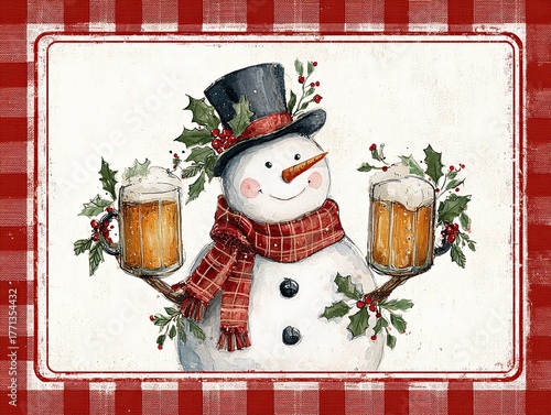 Vintage Christmas card with a snowman holding two mugs of beer, wearing a top hat, red scarf, and holly leaves, set against a white background with a dark burgundy gingham border.