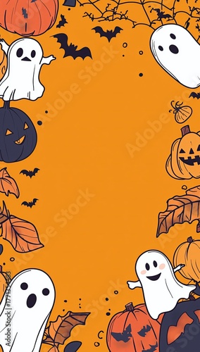 Spooky cartoon Halloween design featuring bats, pumpkins, and ghosts on an orange background with a blank space for text.