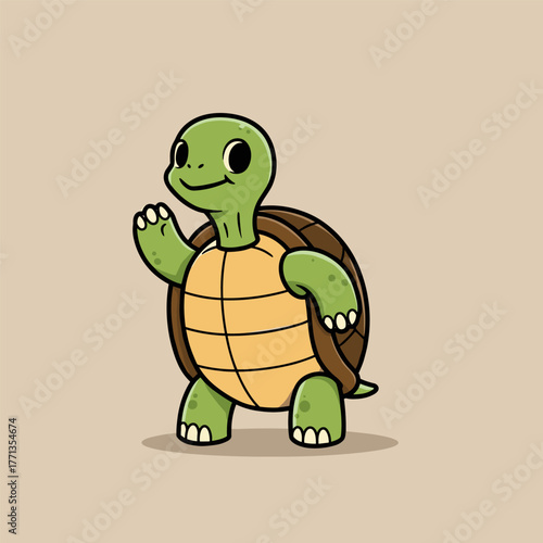 A funny cartoon turtle character with a green shell is a cute reptile illustration, smiling cheerfully