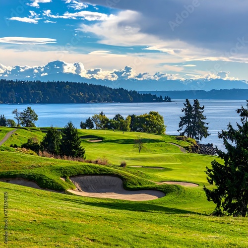 Scenic Golf Course Overlooking Puget Sound in Washington State.