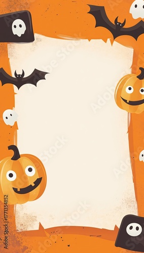 Cartoon Halloween elements including bats, pumpkins, and ghosts on an orange background with space for text, creating a festive and spooky atmosphere.